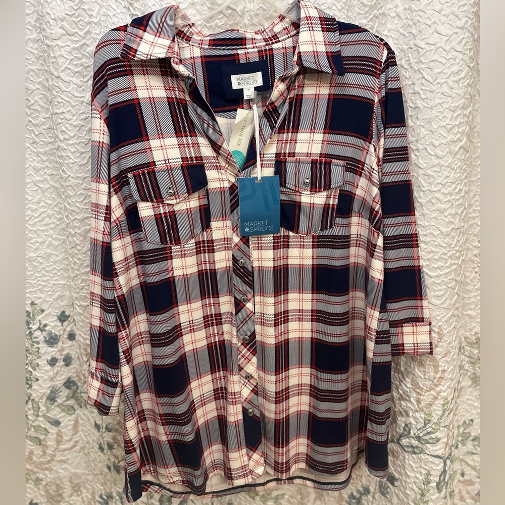 Market & Spruce Pernna Button-Down Knit Top – Red/Navy Plaid – Size 1X (NWT)